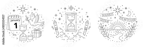 Minimalist black and white line art illustration set representing New Year celebration and new beginnings. Featuring calendar January 1, hourglass, dove, fireworks, sunrise. Vector File.