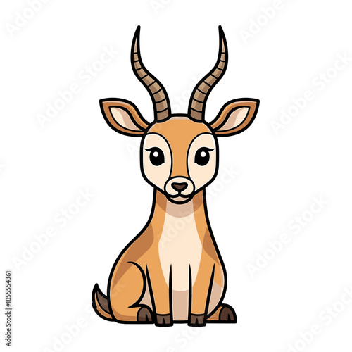 Cartoon illustration of a seated gazelle with large eyes and horns on a plain white background.