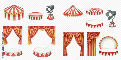 Set of circus elements including tents, curtains, spotlights, and pedestals for entertainment and show design.