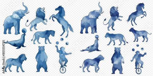 Watercolor illustration set of various circus animals and performers in shades of blue.