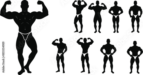 Ten Black Silhouettes of Muscular Male Bodybuilders in Poses on White Background Keywords: bodybuilder, bodybuilding, muscle
