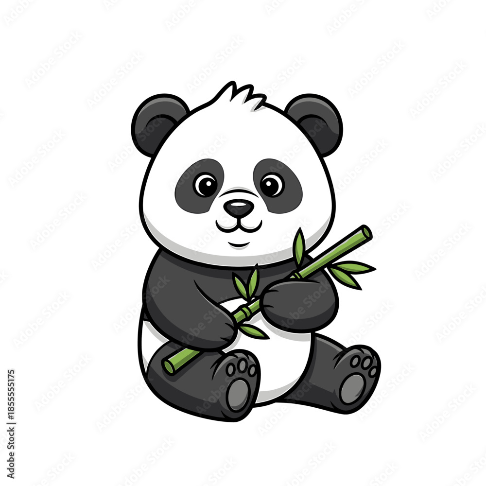 Obraz premium A cute cartoon panda bear sitting and holding bamboo shoots on a white background with a cheerful mood.