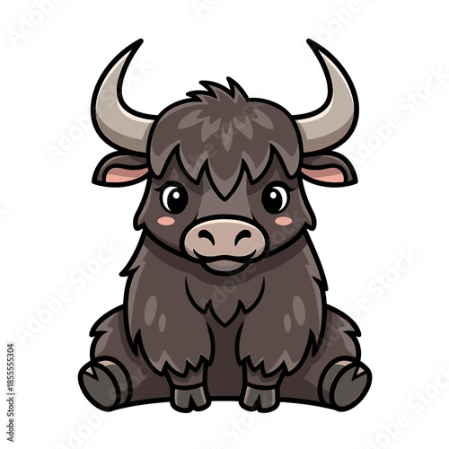 Cartoon illustration of a cute brown bull with curved horns and rosy cheeks sitting on a white background with a cheerful expression.