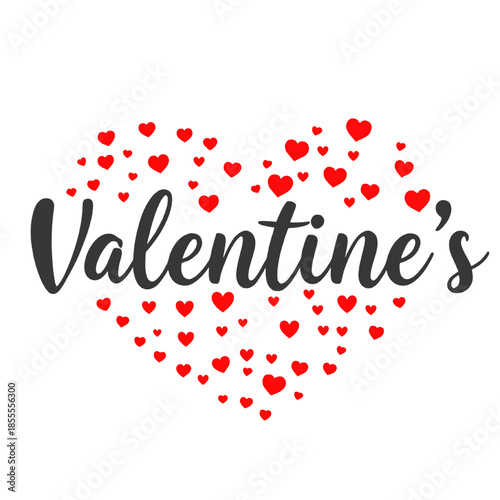 Valentine’s Day handwritten script typography surrounded by multiple red hearts forming a large heart shape on a white background symbolizing love romance affection and celebration