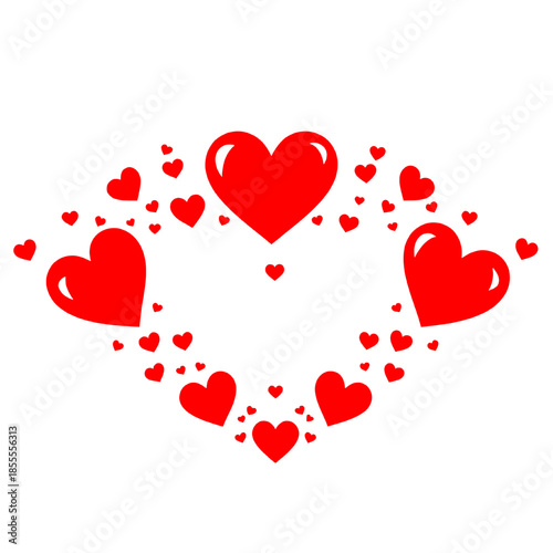 Glossy red heart shapes arranged in a circular heart formation on white background representing love romance affection and minimal elegant design