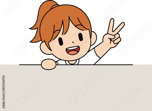 Cute cartoon girl with a ponytail peeking over a blank wall and making a peace sign gesture vector illustration.
