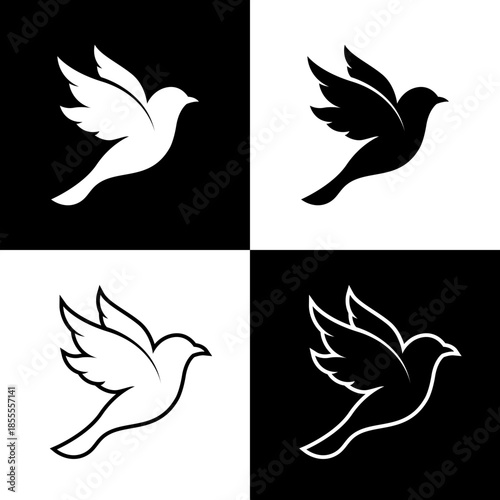 Simple Minimalist Black and White Dove Bird Silhouette Icon Logo Vector