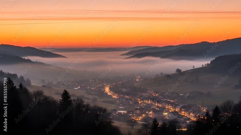 Fototapeta premium A glowing village nestled in a misty mountain valley under a vibrant orange sunset sky.