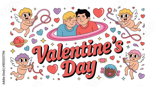 Love's Celebration: A whimsical and heartwarming illustration celebrating Valentine's Day, featuring cheerful cherubs, romantic hearts, and a tender depiction of love and affection.