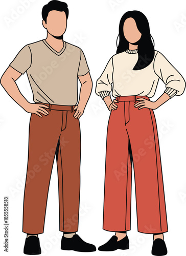 Modern minimalist vector illustration of a young faceless couple standing together wearing stylish casual clothes isolated on white background.
