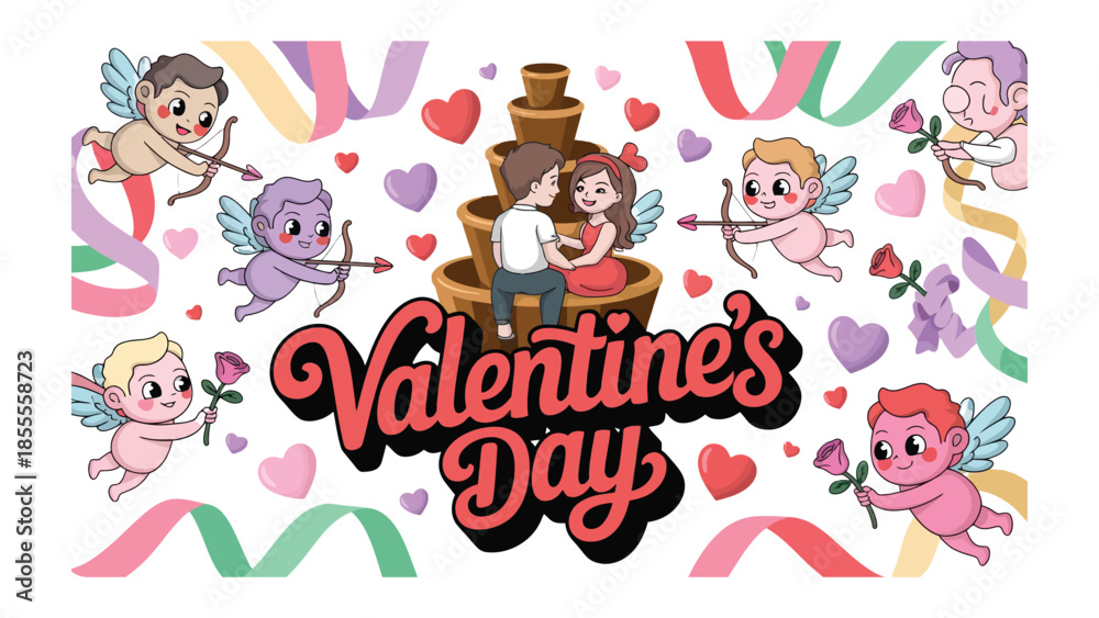 Fototapeta premium Valentine's Day Bliss: A vibrant illustration depicts the warmth and joy of Valentine's Day, showcasing cupid, love and romance. 