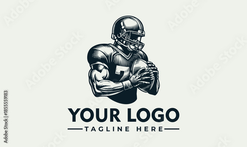 A vector illustration of an American football player holding a ball with a rugby-inspired logo design on a gray background with ample copy space.