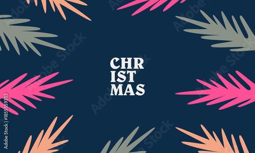Christmas Greeting Card with Central Typography Framed by Colorful Stylized Pine Branches Abstract Minimalist Flat Design on Dark Blue Background.