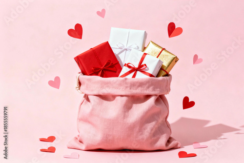 An enchanting still-life composition of gifts and hearts, celebrating the spirit of love and giving, set against a delicate, romantic backdrop.