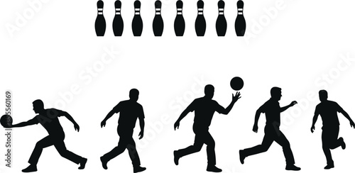 Bowling Silhouettes Players and Pins Action Poses ball