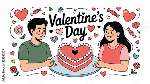 Valentine's Day Couple with Cake: A heartwarming illustration of a couple sharing a heart-shaped cake on Valentine's Day, surrounded by symbols of love and affection.