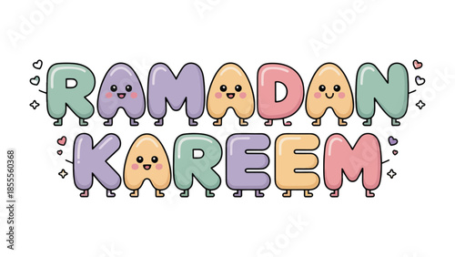 Ramadan Kareem Illustration: Festive and colorful illustration spells out the greeting Ramadan Kareem with charming, smiling letter characters, bringing joy and a sense of celebration.