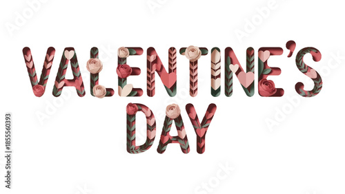 Valentine's Day Design: A beautiful display of the words Valentine's Day artistically crafted with a charming assortment of hearts and romantic blossoms.