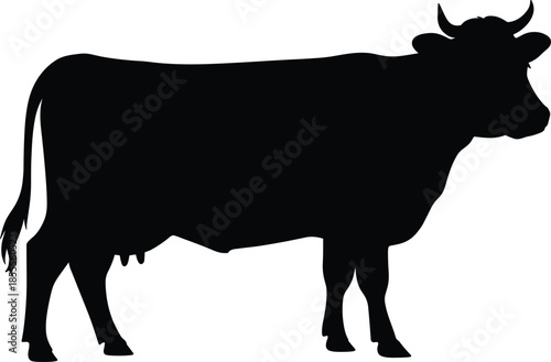 Black silhouette of a standing cow facing right with horns and tail animal livestock