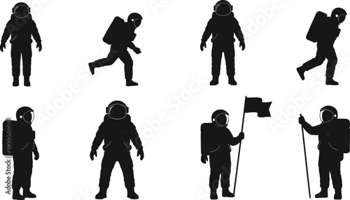 Collection of Black Silhouettes of Astronauts in Space Exploration Poses Keywords: silhouette, astronaut, space, exploration