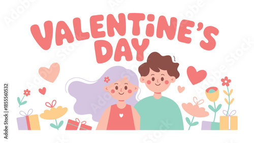 Valentine's Day Couple's Serenade: A tender illustration celebrates the spirit of love with a charming couple and hearts, nestled amidst decorative elements symbolizing affection and togetherness.