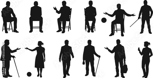 Collection of Black Silhouettes of People in Various Poses and Activities Keywords: silhouette, people, man, woman, sitting