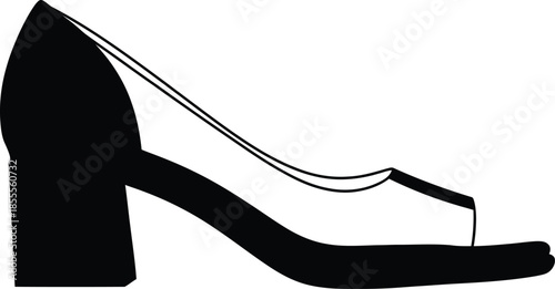 Elegant women black and white open toe chunky block heel sandal with a stylish slingback strap and minimalist silhouette design isolated vector illustration for fashion retail.