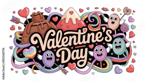 Valentine's Day Illustration: A vibrant and playful illustration captures the essence of love and celebration with colorful elements, including hearts, sweets, and charming characters. 