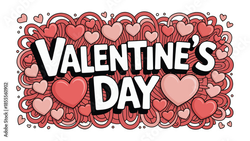 Valentine's Day Illustration: A vibrant and affectionate illustration for Valentine's Day, featuring a colorful collection of hearts, swirls, and the words Valentine's Day.