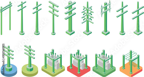 Isometric electrical infrastructure icons set, power poles pylons transformers, electricity transmission and distribution network, utility grid elements, vector illustration