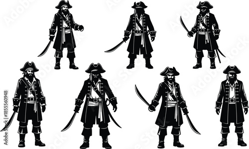 Collection of Seven Black Silhouette Pirates with Swords and Hats Keywords: pirate, silhouette, collection, man, male, warrior