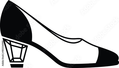 Elegant women black and white high heel pump shoe with a unique geometric crystalline heel design and stylish cap toe detail isolated vector illustration for fashion branding.