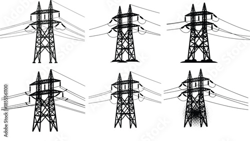 High voltage electrical transmission towers silhouette set, power pylons illustration, energy distribution infrastructure design, industrial utility grid structures collection