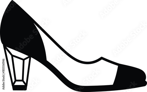 Modern elegant black and white high heel pumps shoe with unique geometric heel design and cap toe detail isolated vector illustration for fashion retail and luxury footwear branding.