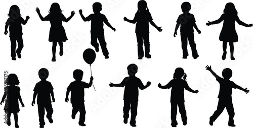 Diverse Silhouettes of Children in Playful Poses with Balloon kids
