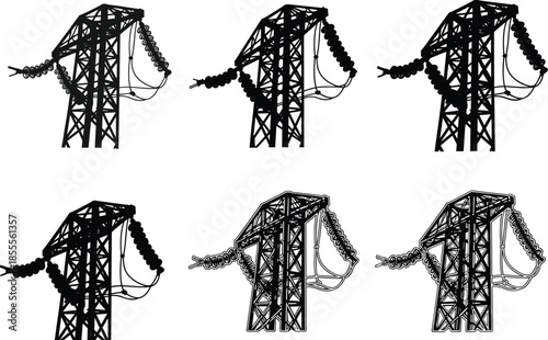 High voltage electricity transmission tower silhouettes showcasing detailed power line structures, industrial energy infrastructure, utility pylon design elements for vector illustration”