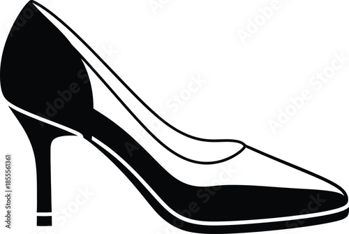 Black silhouette and line art of a woman high heel pump shoe with a thin stiletto heel and elegant pointed toe isolated on white background for fashion design.