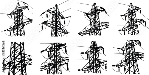 High voltage electricity transmission tower illustration set, detailed power grid infrastructure artwork, industrial energy pylon structures, utility engineering design collection
