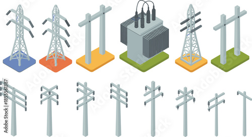 Isometric electrical infrastructure icons set, power poles transmission towers transformers, electricity distribution network, utility grid elements, modern energy vector illustration