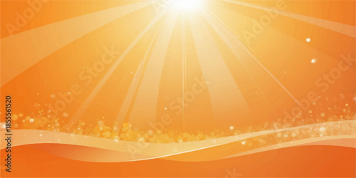 Abstract orange vector illustration featuring a bright summer sunrise with glowing sun rays and a golden yellow star burst design for a hot sunny wallpaper backdrop
