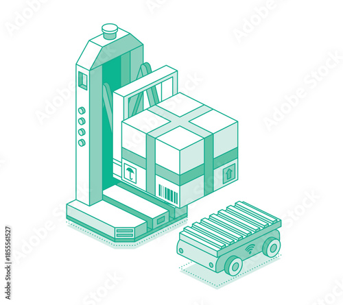 Isometric outline autonomous robot forklift working with AMR mobile robot. Smart warehouse automation and AI logistics concept. Illustration. FMR robot.