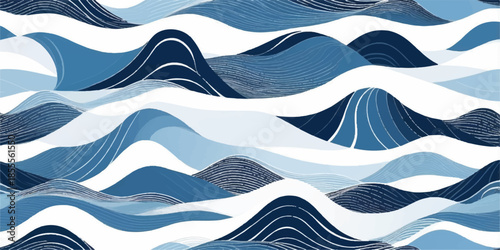 Seamless vector illustration of a blue mountain landscape with snow and clouds featuring ocean waves under a winter sun in a nature pattern wallpaper design