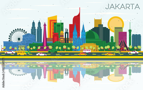 Jakarta Indonesia City Skyline with color Buildings, Blue Sky and Reflections. Business Travel and Tourism Concept with Historic and Modern Architecture. Jakarta Cityscape with Landmarks.