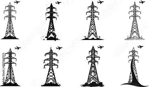 High voltage electricity transmission tower silhouettes with airplane flying overhead, power line pylon illustration set, energy infrastructure concept design, vector