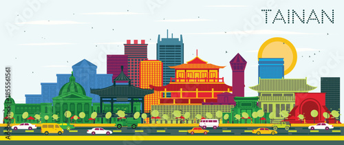 Tainan Taiwan City Skyline with color Buildings and Blue Sky. Illustration. Business Travel and Tourism Concept with Historic Architecture. Tainan Cityscape with Landmarks.