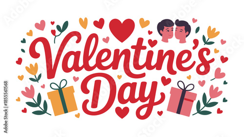 Valentine's Day Celebration of love and affection: This illustration celebrates Valentine's Day. It is surrounded by loving elements, gifts, flowers, hearts.