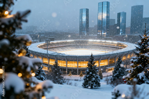 A serene winter scene of a stadium nestled amidst snow-covered trees, under a snowfall, illuminated by city lights, offering a cozy and festive atmosphere.