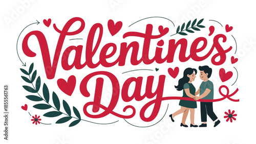 Valentine's Day Romantic: a lovely visual capturing the essence of Valentine's Day through the heart and floral elements and two lovers' intimate gaze.