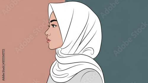 Profile portrait of a Muslim woman wearing a white hijab minimalist illustration for cultural representation and diversity co