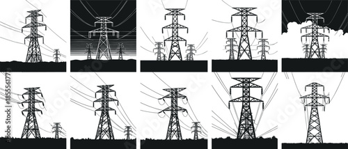 High voltage electricity transmission towers and power lines silhouette landscape illustrating energy infrastructure, industrial utility grid system and electrical engineering concept